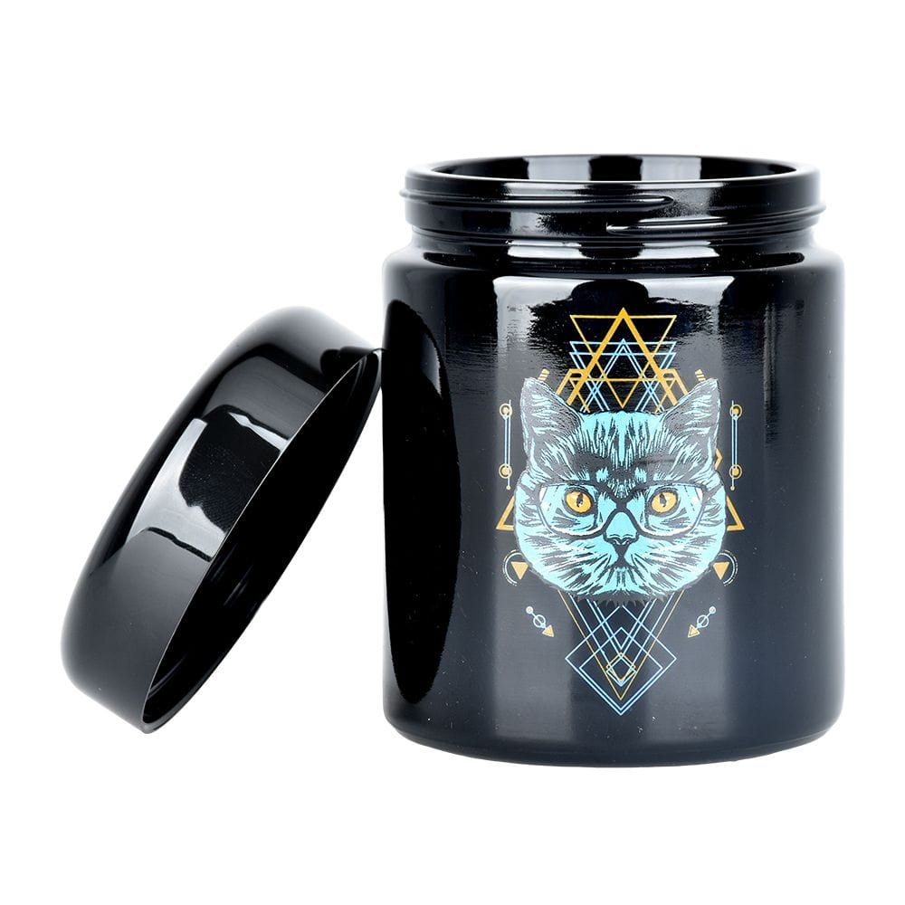 A close-up of the 420 Jars UV Screw Top  Sacred Cat jar, showcasing a detailed cat graphic on its black lid.