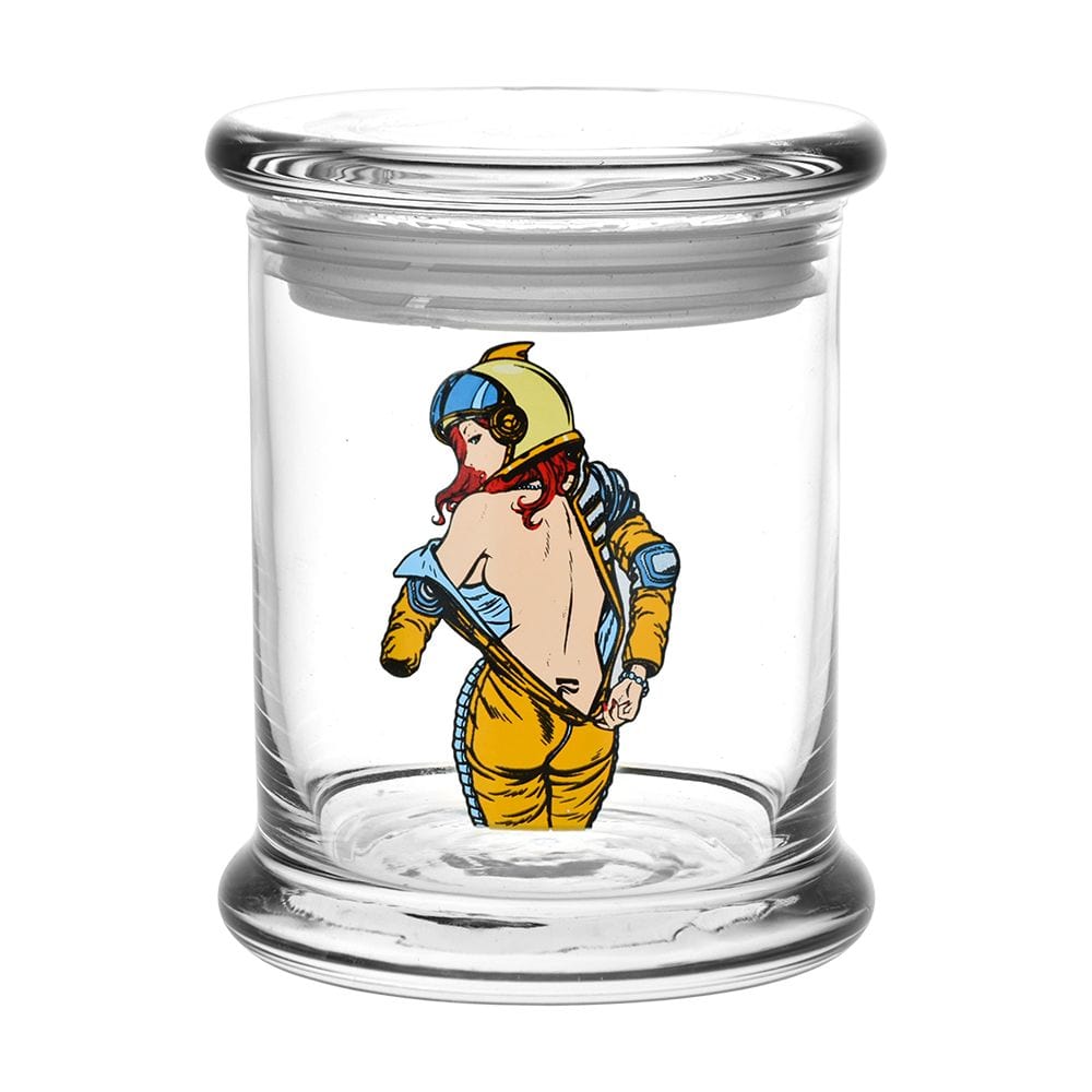 A side view of the 420 Jars Pop Top  Zero G Strip jar featuring a colorful space-themed graphic on a clear container.