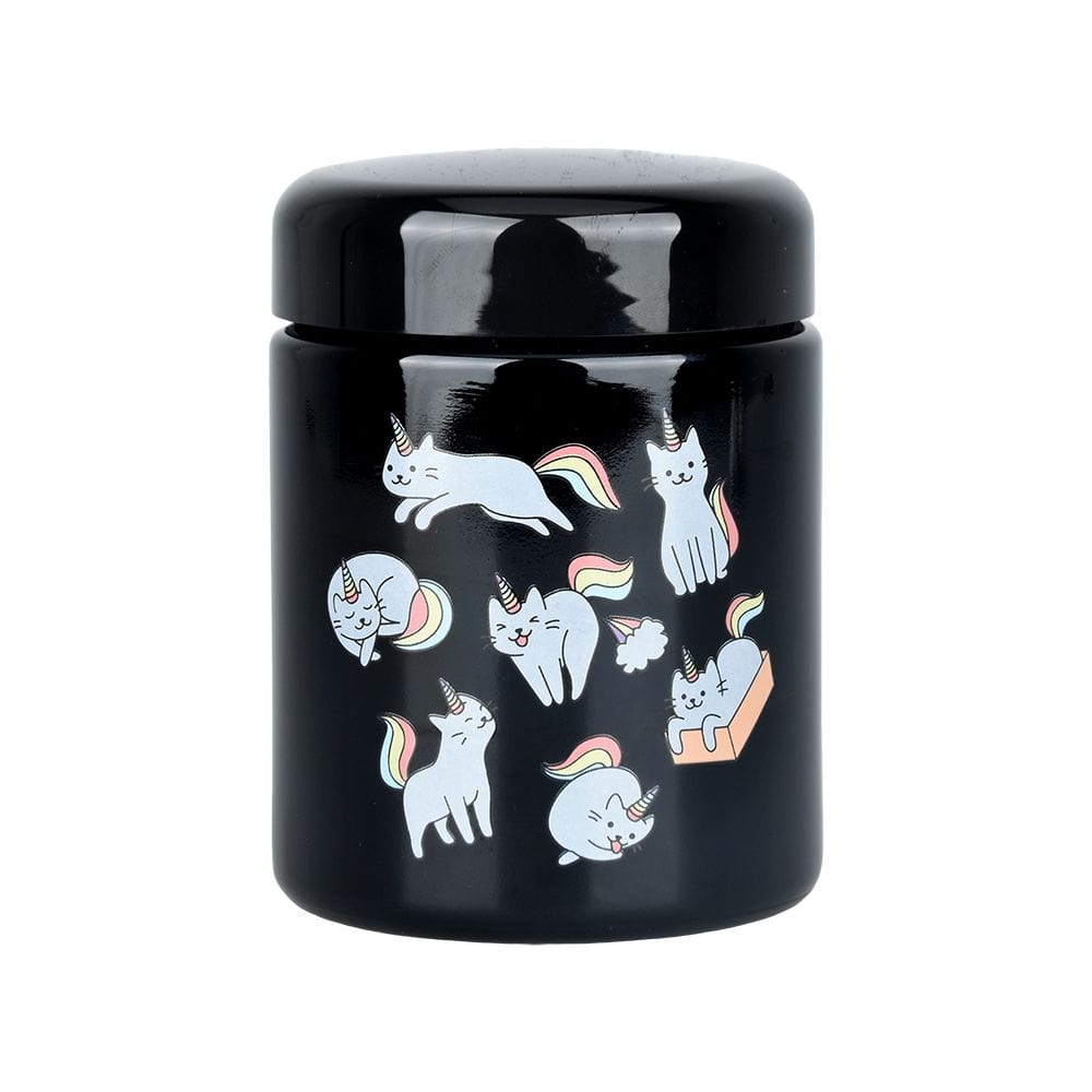 A slightly angled, close-up view of the Caticorns 420 Jars UV Screw Top, decorated with cartoon unicorn designs.