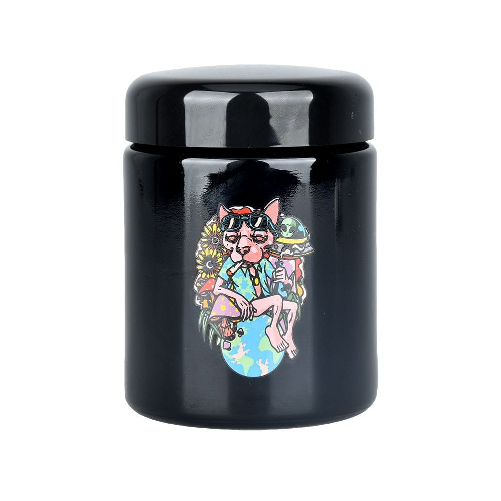 A front view of the 420 Jars UV Screw Top  Chill Cat, showing a black jar with a colorful cat illustration on the lid.