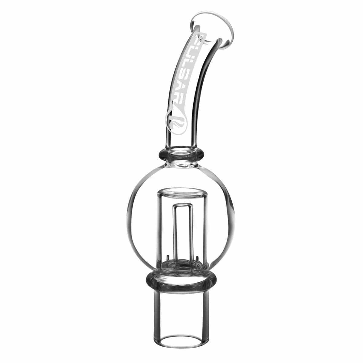 Front view of the APX Wax V3 Bubbler Attachment, a clear glass attachment with a cylindrical shape and visible joint.
