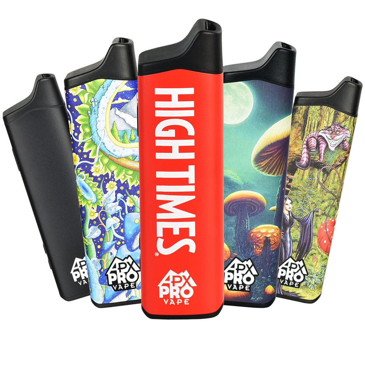 A close-up, angled view of the APX Pro Dry Herb Vaporizer displaying vibrant, intricate artwork on a dark background.