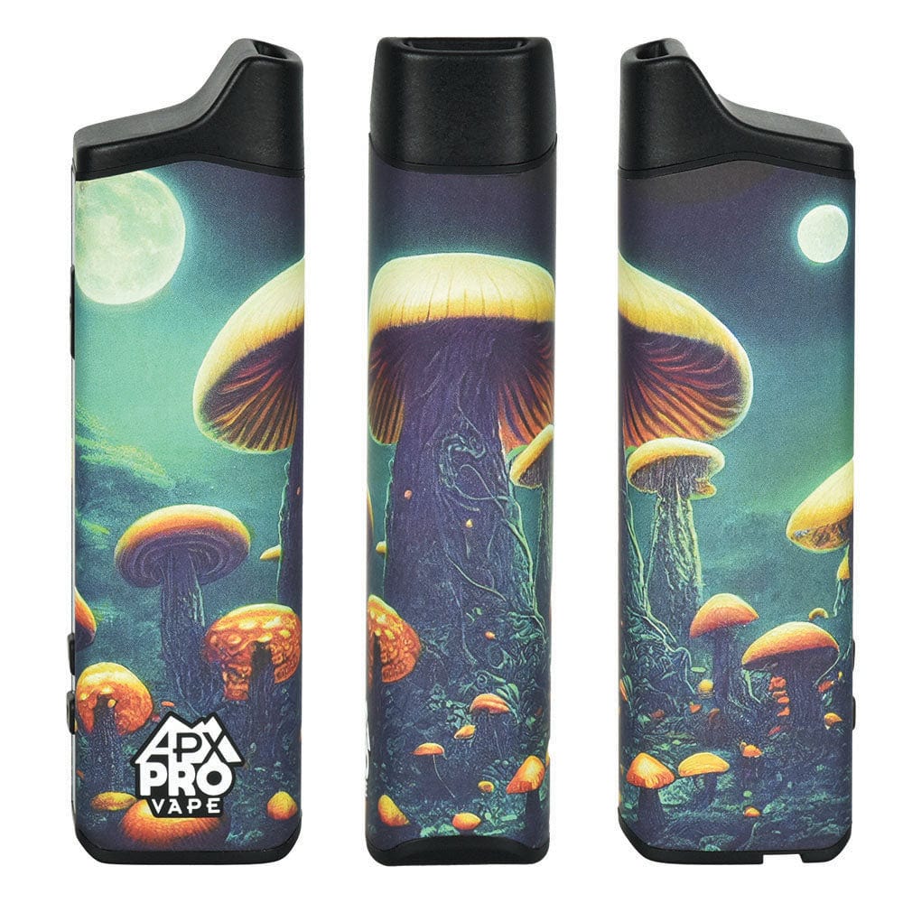 Front view of the APX Pro Dry Herb Vaporizer with a mushroom-themed graphic design on a dark background.