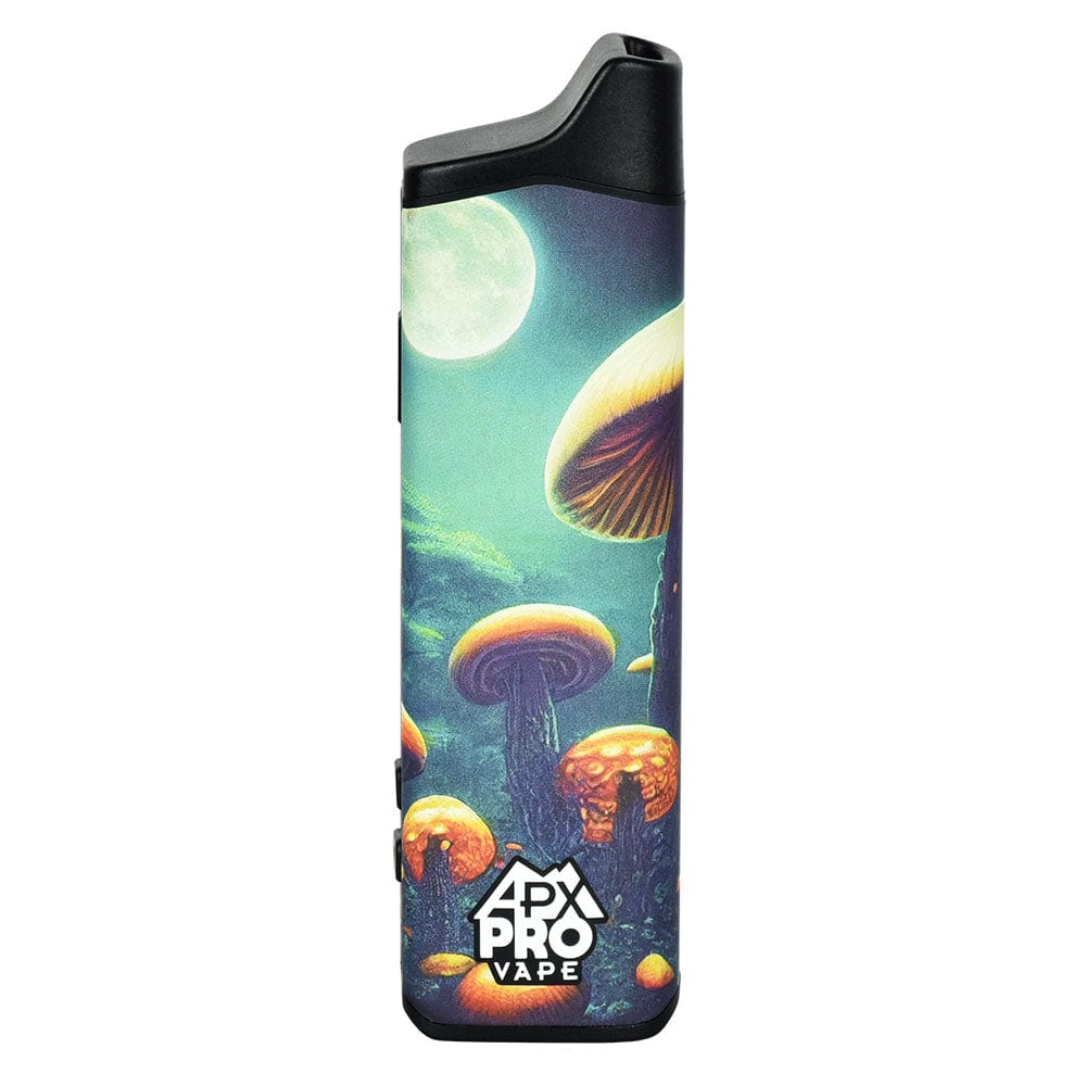 A front view of the APX Pro Dry Herb Vaporizer, showcasing a vibrant mushroom-themed design on its metallic casing.