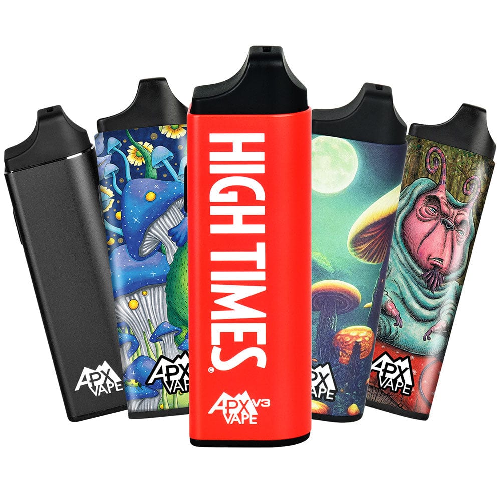 Front view of the APX Vape V3 Dry Herb Vaporizer, featuring a vibrant, illustrated design on a slim, black body.