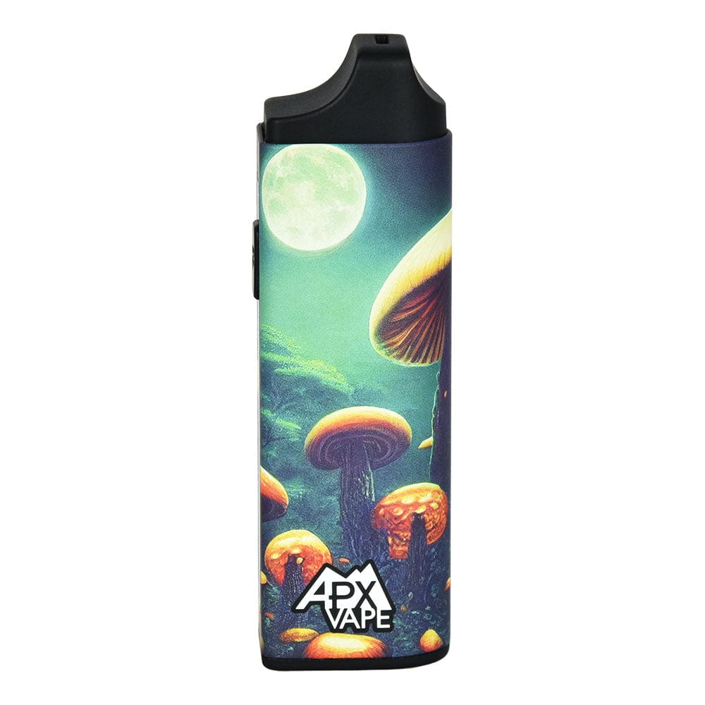 A vibrant image of the APX Vape V3 Dry Herb Vaporizer, showcasing a colorful, psychedelic design reminiscent of a mushroom forest.