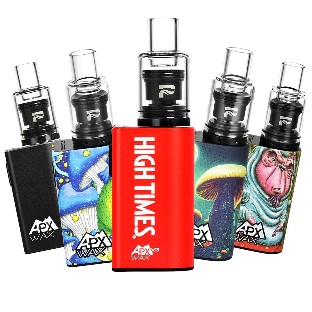 A close-up, angled view showcases the APX Wax V3 Concentrate Vape, with colorful graphics on a sleek, silver body.