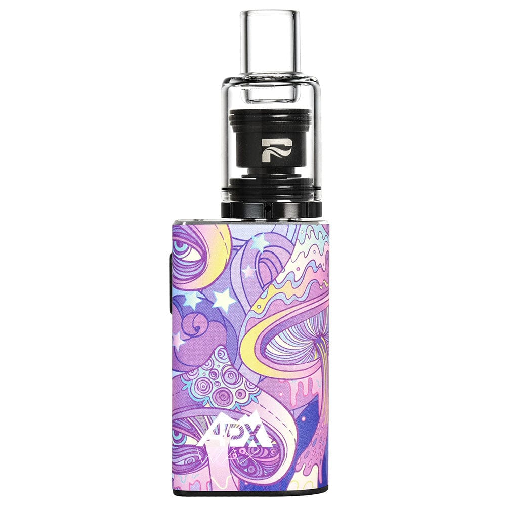 Front view of the APX Wax V3 Concentrate Vape, showing a colorful, patterned device with a sleek, cylindrical shape.