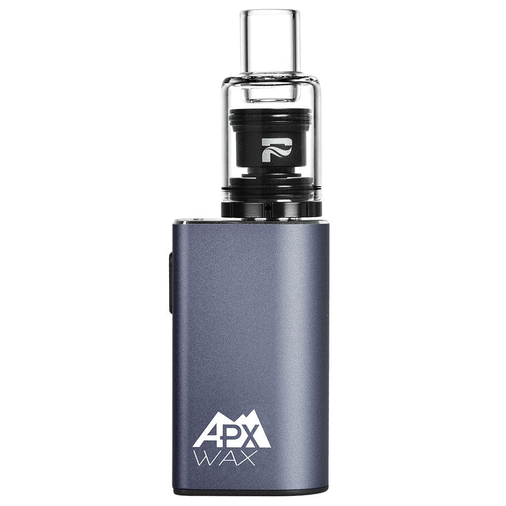 Front view of the APX Wax V3 Concentrate Vape, a silver-colored device with a transparent top, against a plain white backdrop.