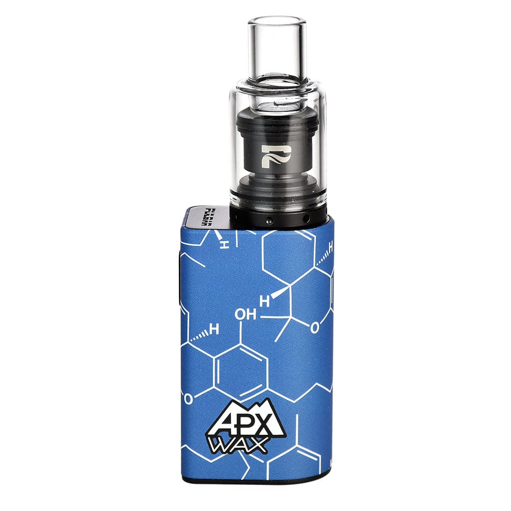 Front view of the APX Wax V3 Concentrate Vape, a sleek, black device with a clear glass chamber and metallic accents.