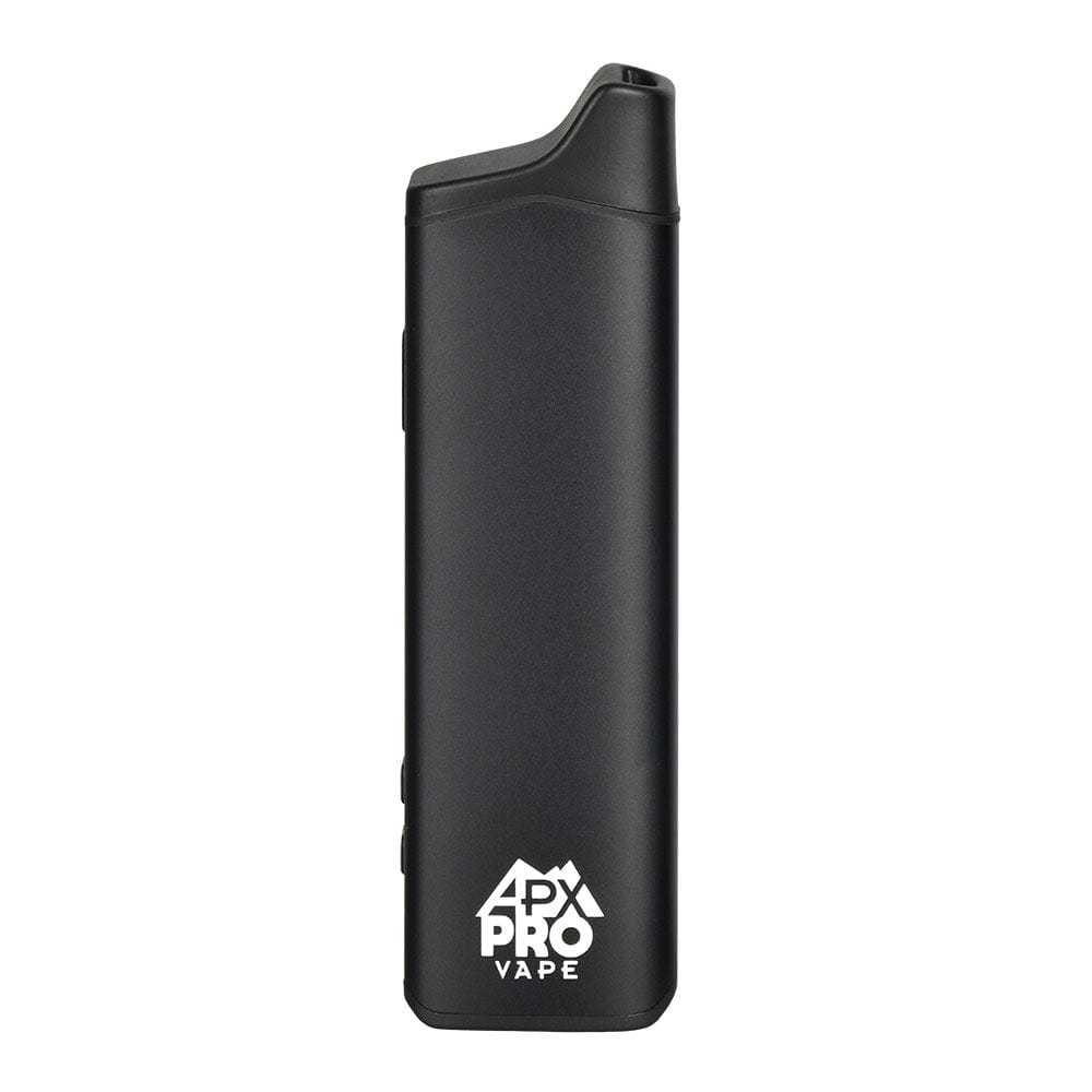 Front view of the APX Pro Dry Herb Vaporizer, a sleek, black device displayed on a solid white background.