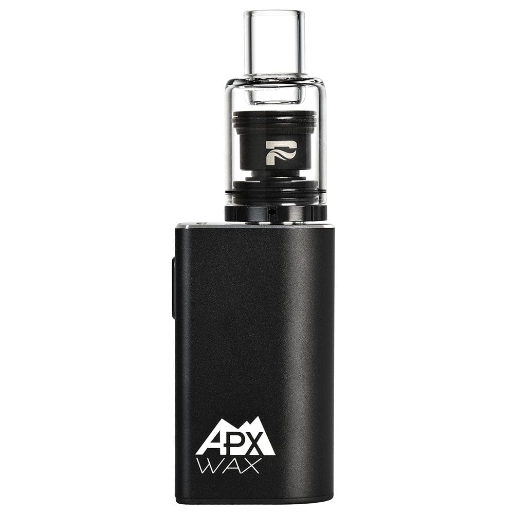 A studio shot of the APX Wax V3 Concentrate Vape, displaying its sleek, silver and black design against a solid white backdrop.