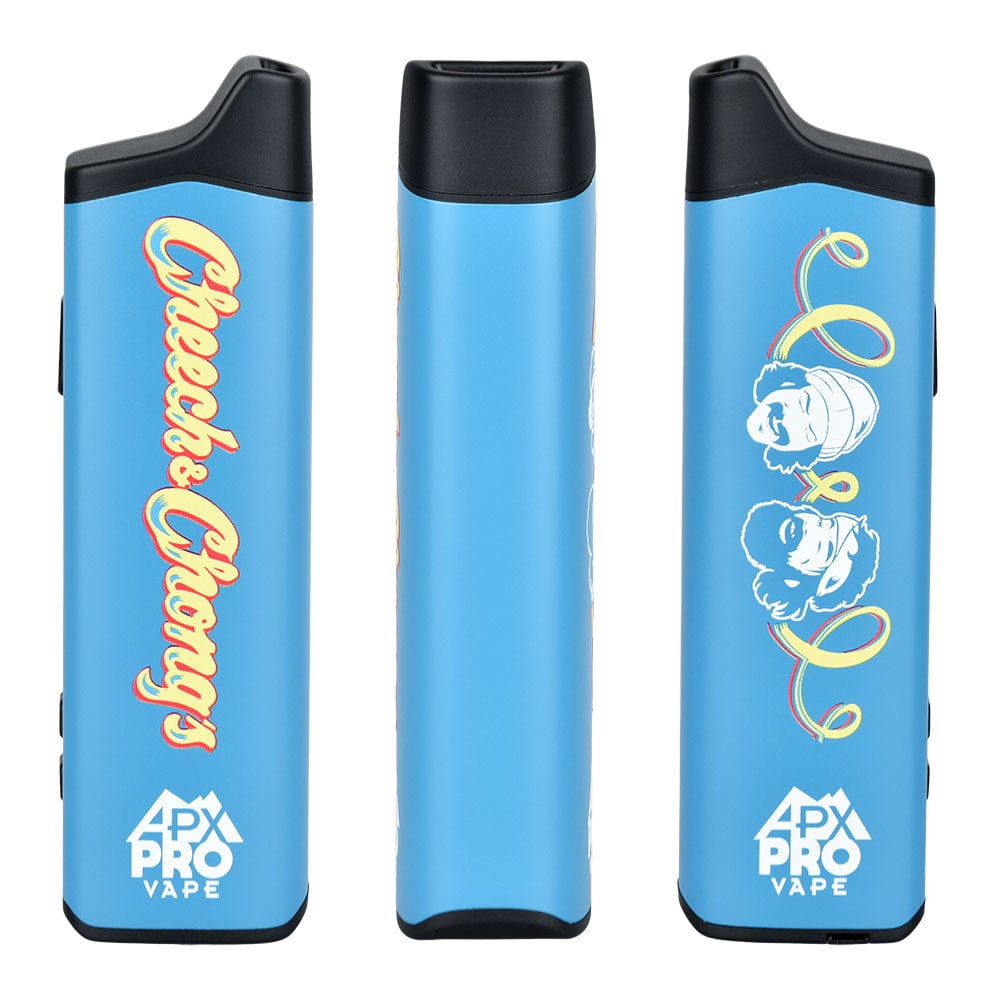 Front view of the APX Pro Dry Herb Vaporizer with a dark blue finish and vertical branded text.