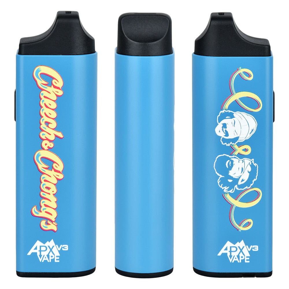 Front view of the APX Vape V3 Dry Herb Vaporizer, displaying colorful graphics on a sleek, cylindrical design.