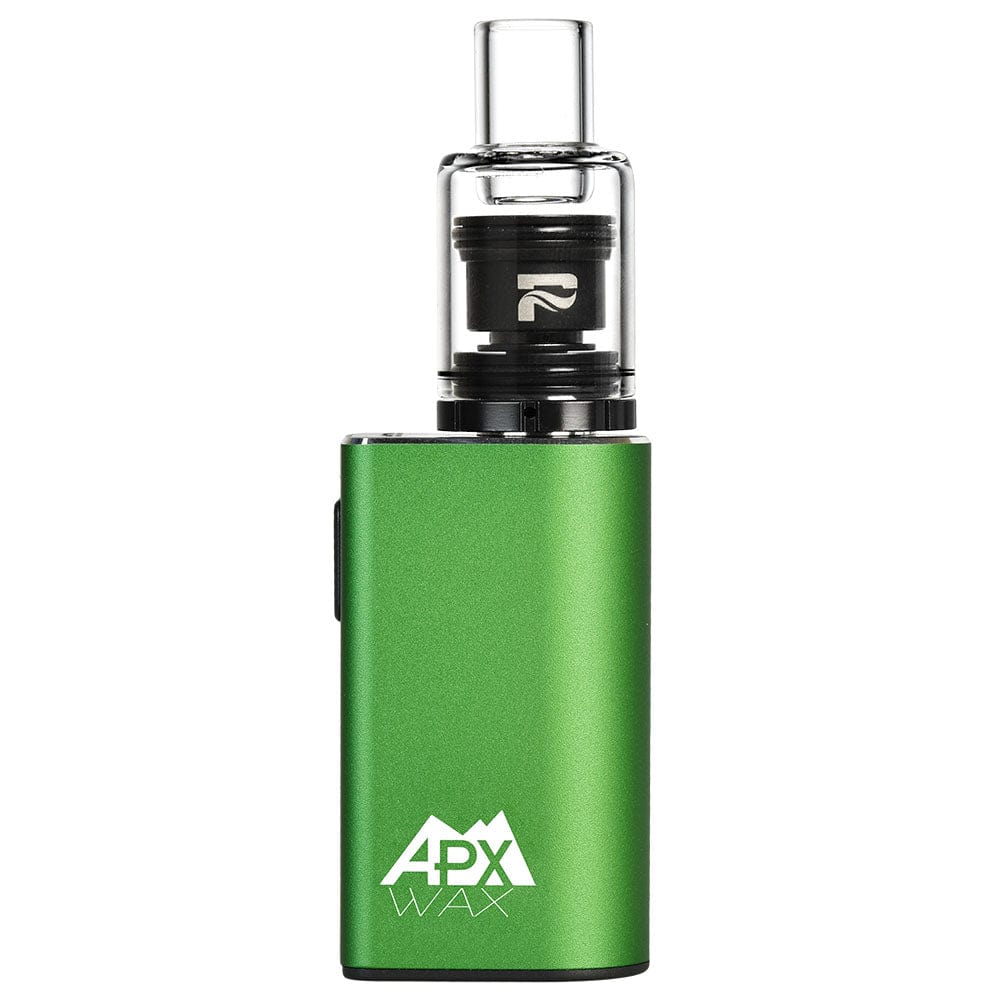 Front view of the APX Wax V3 Concentrate Vape, a sleek, silver device with a clear glass chamber, against a plain white background.