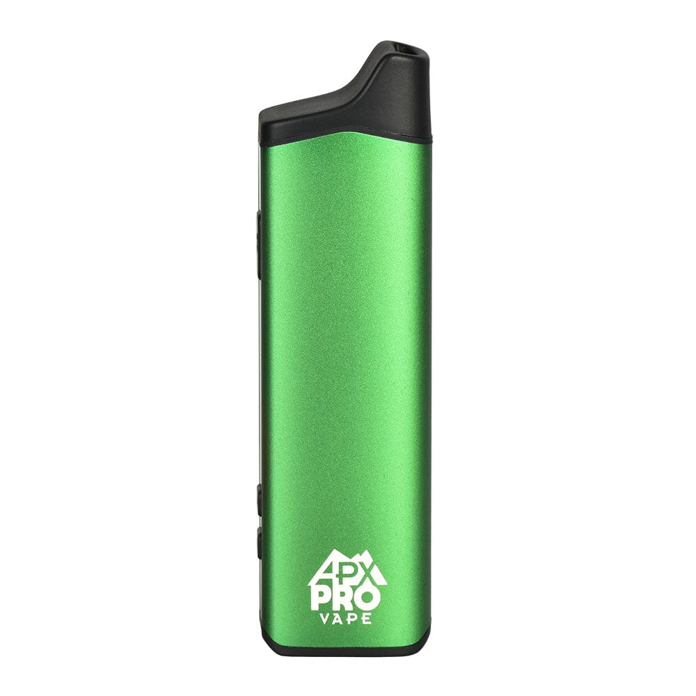 Front view of the APX Pro Dry Herb Vaporizer, a sleek, silver device against a plain white background.
