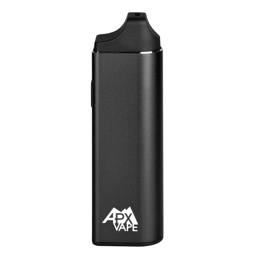 A straight-on view of the APX Vape V3 Dry Herb Vaporizer, showcasing its sleek, dark design against a plain white background.