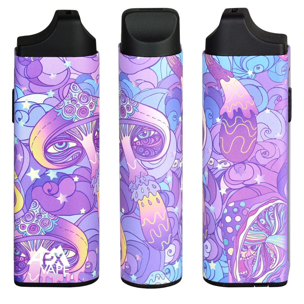 A vibrant, front-angle view of the APX Vape V3 Dry Herb Vaporizer, featuring a swirling purple and blue patterned design.