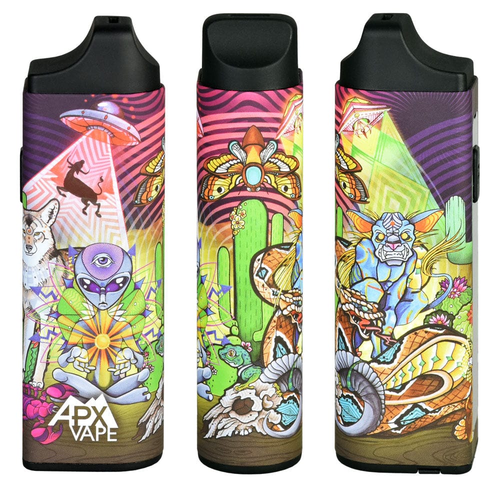 Front view of the APX Vape V3 Dry Herb Vaporizer, featuring a colorful, patterned design resembling a mystical creature.