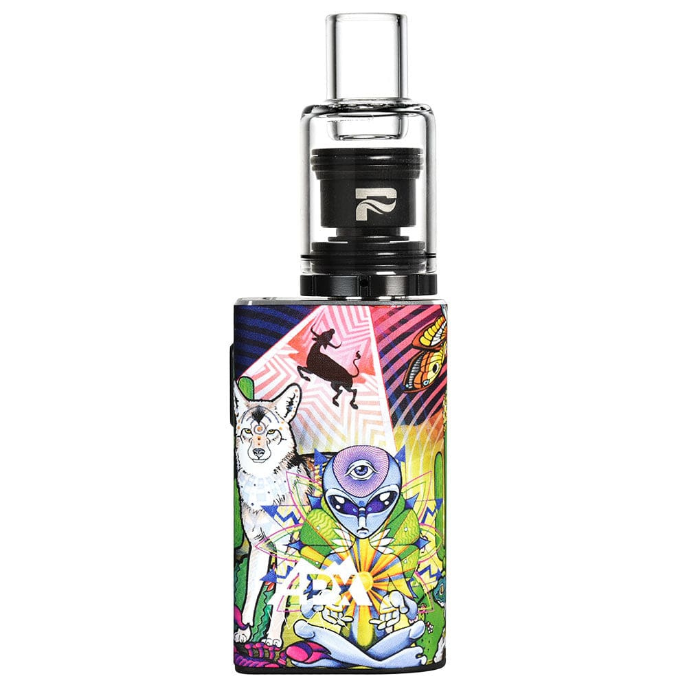 Front view of the APX Wax V3 Concentrate Vape, featuring colorful, abstract art on a sleek, metallic body.