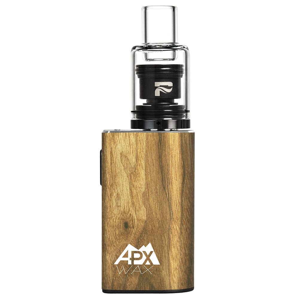 A straight-on view of the APX Wax V3 Concentrate Vape, featuring a silver-toned base and clear glass top.