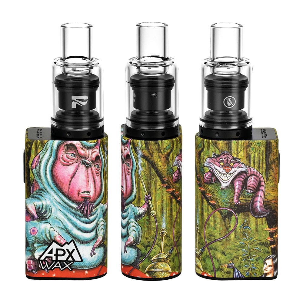 Front view of the APX Wax V3 Concentrate Vape, featuring colorful artwork on a sleek, cylindrical device.
