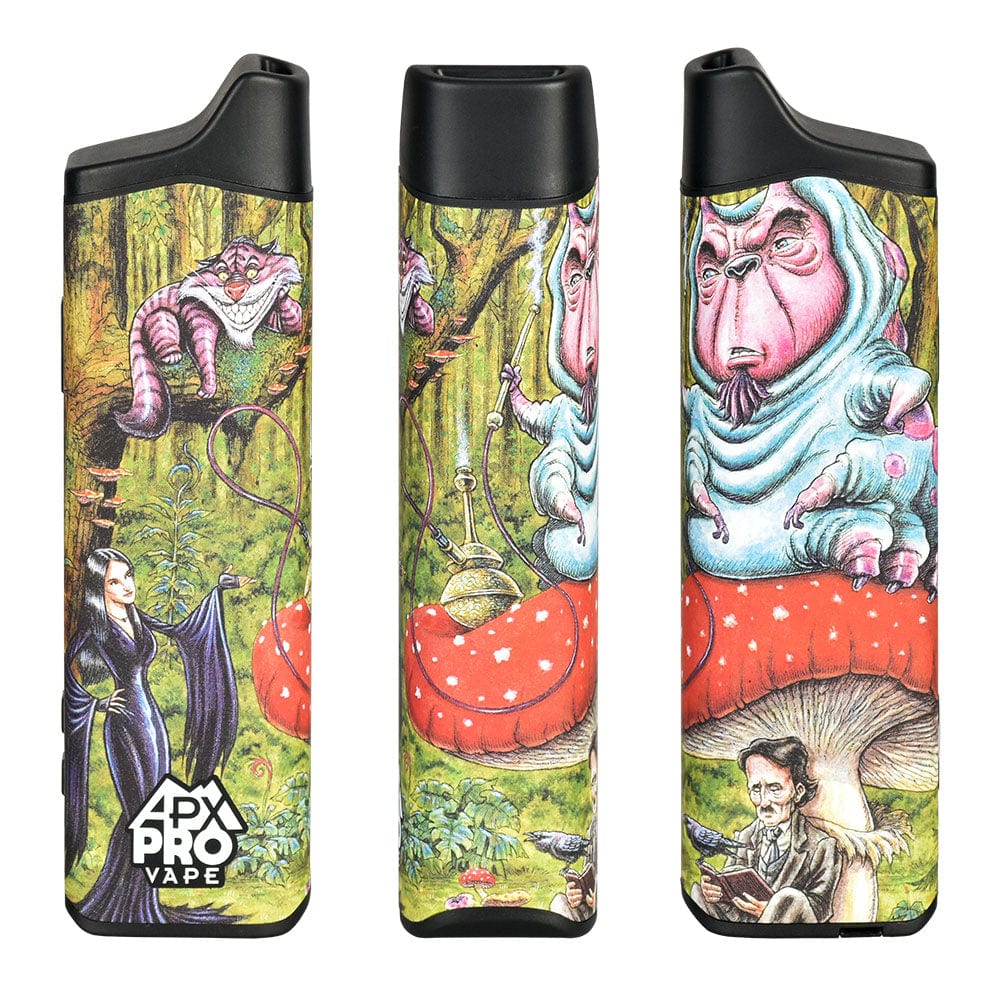 The APX Pro Dry Herb Vaporizer showcases a vibrant, illustrative design of fantastical characters amidst a colorful, whimsical background.