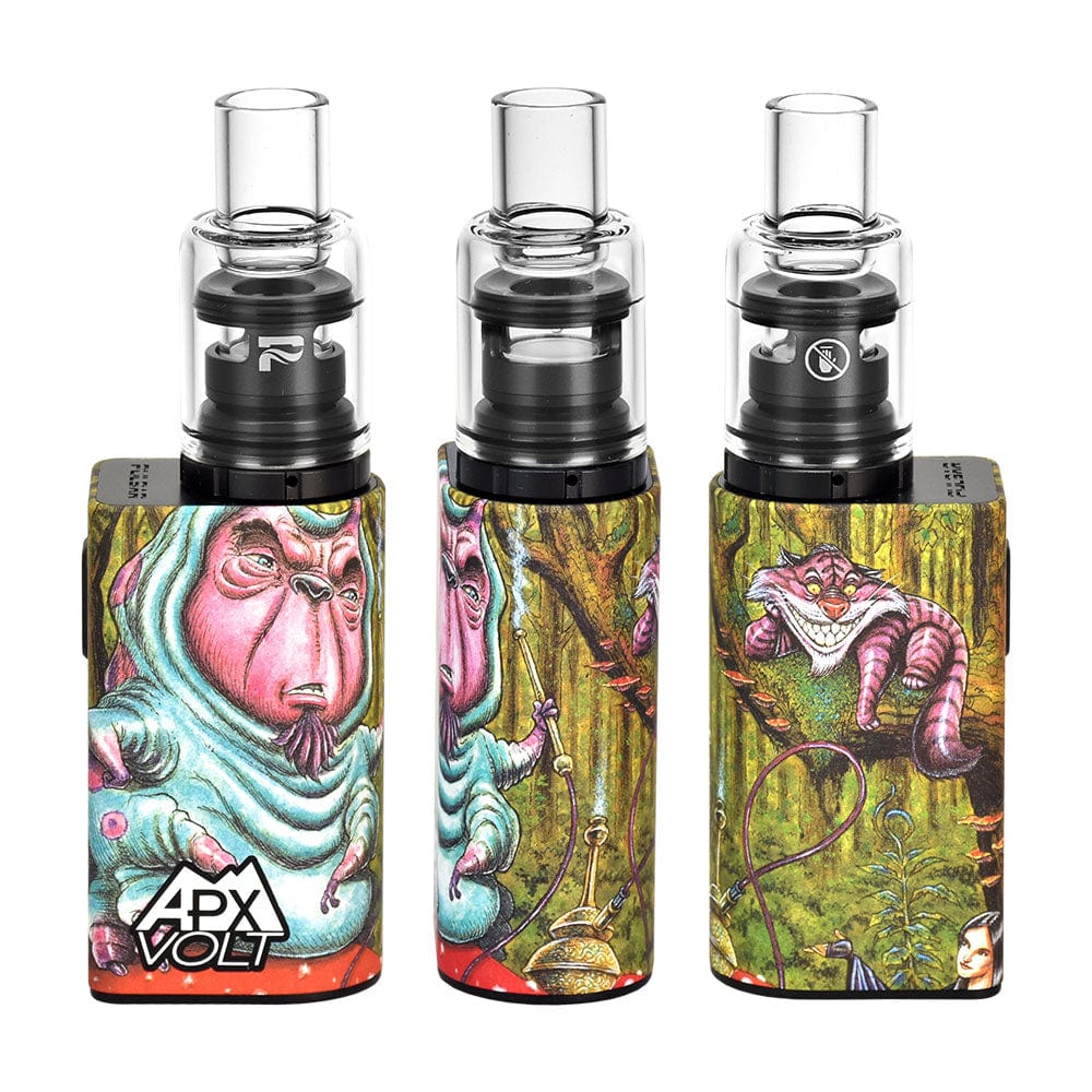 A close-up, angled view of the Pulsar APX Volt V3 VV Concentrate Vaporizer showcasing a colorful graphic design on its metallic body.