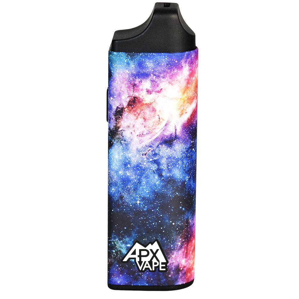 Front view of the APX Vape V3 Dry Herb Vaporizer with a colorful, nebula-like design.