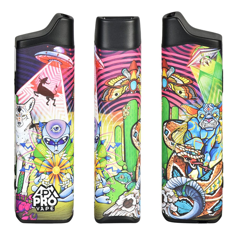 Front view of the APX Pro Dry Herb Vaporizer, showcasing a vibrant, detailed dragon design on its metallic casing.