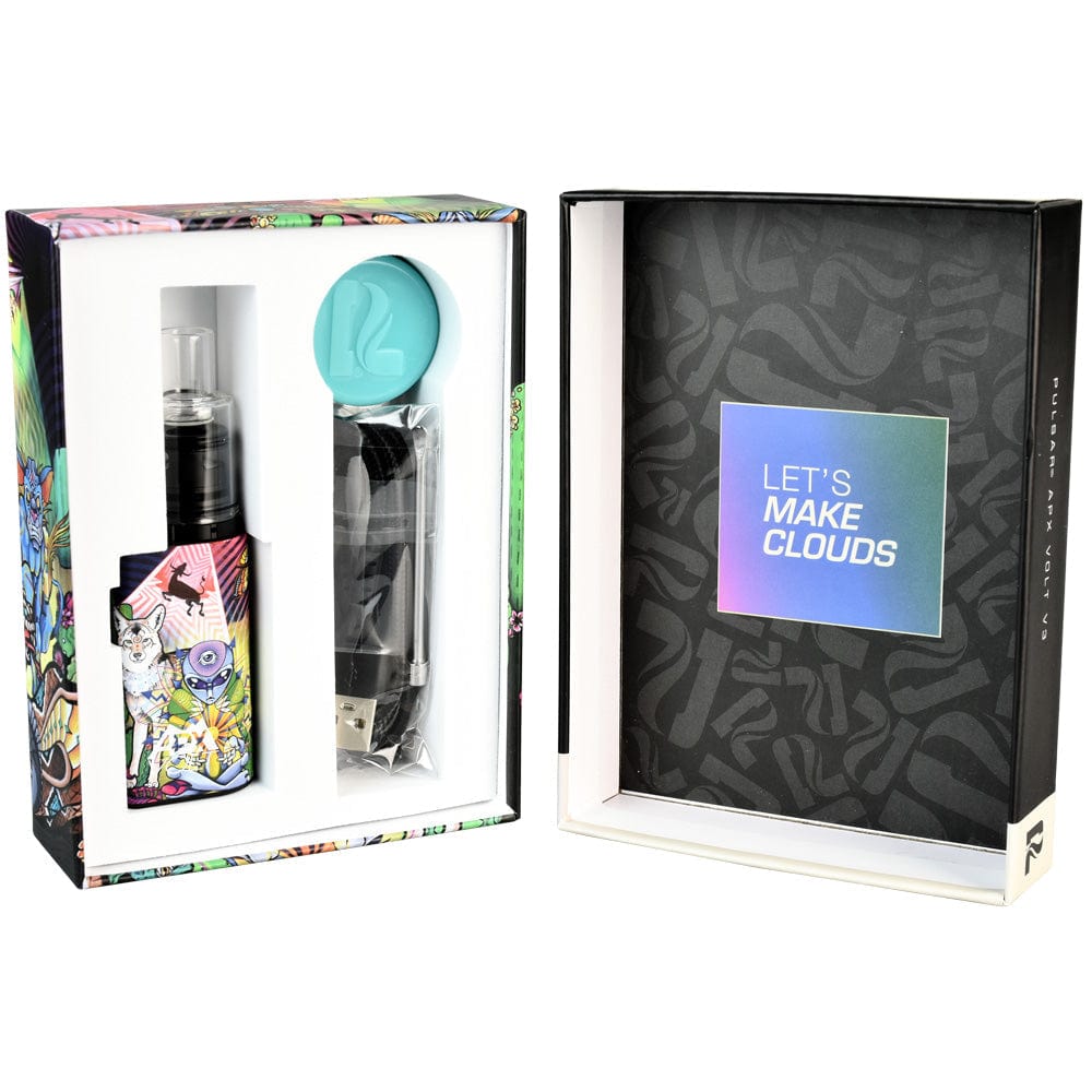 Front view of the Pulsar APX Volt V3 VV Concentrate Vaporizer in its packaging, angled to showcase its sleek, compact design.