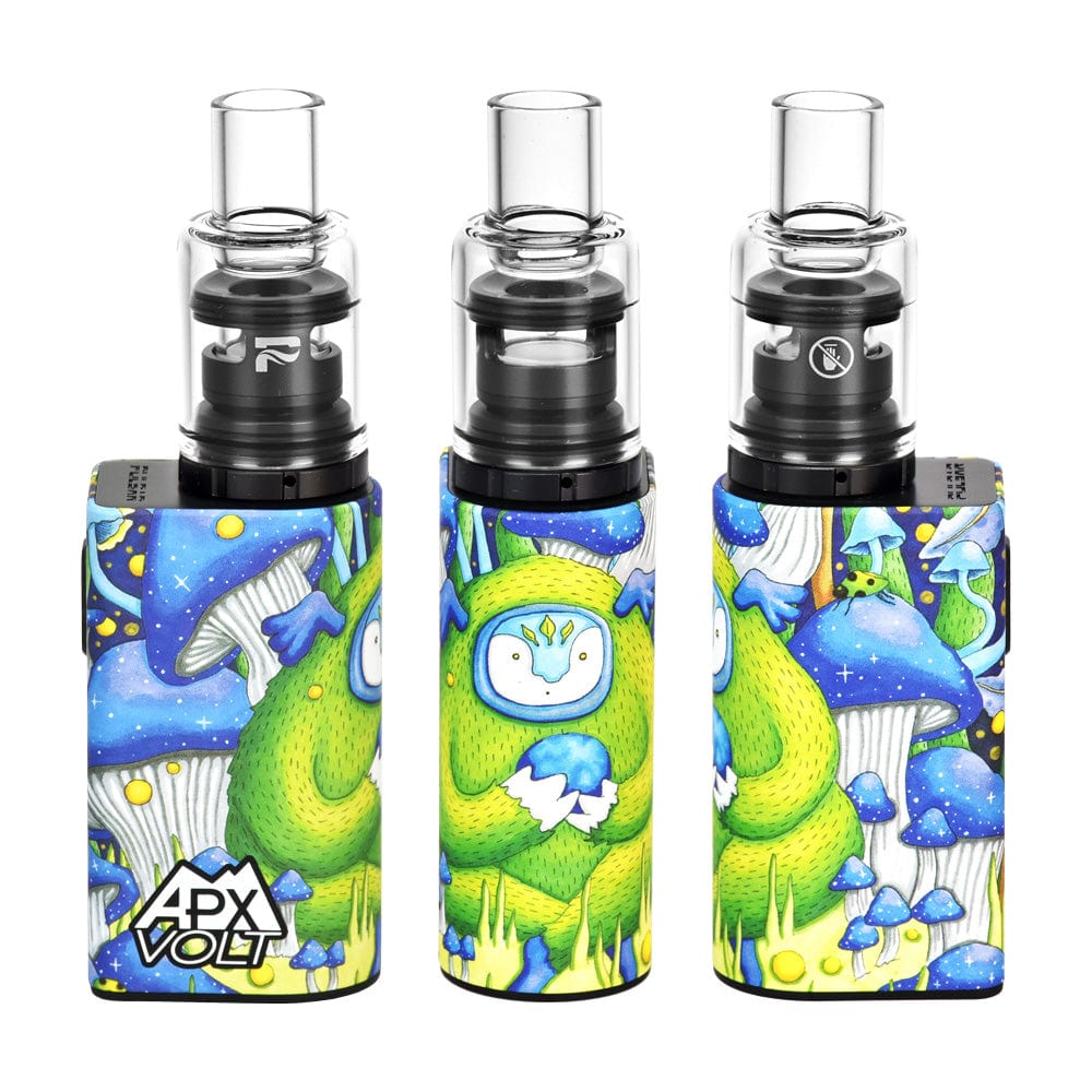 A front view of the Pulsar APX Volt V3 VV Concentrate Vaporizer, showcasing a colorful, artistic design on its cylindrical body.