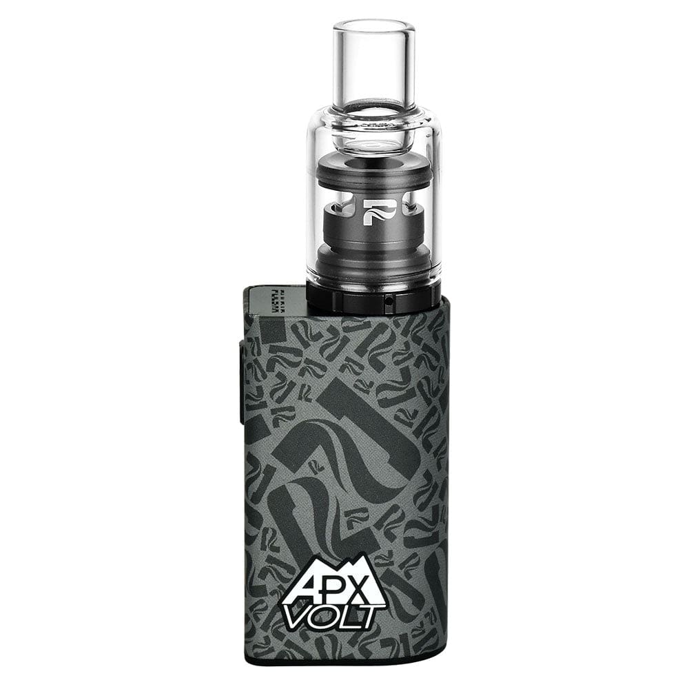 Front view of the Pulsar APX Volt V3 VV Concentrate Vaporizer, a sleek, silver device with a clear glass mouthpiece.