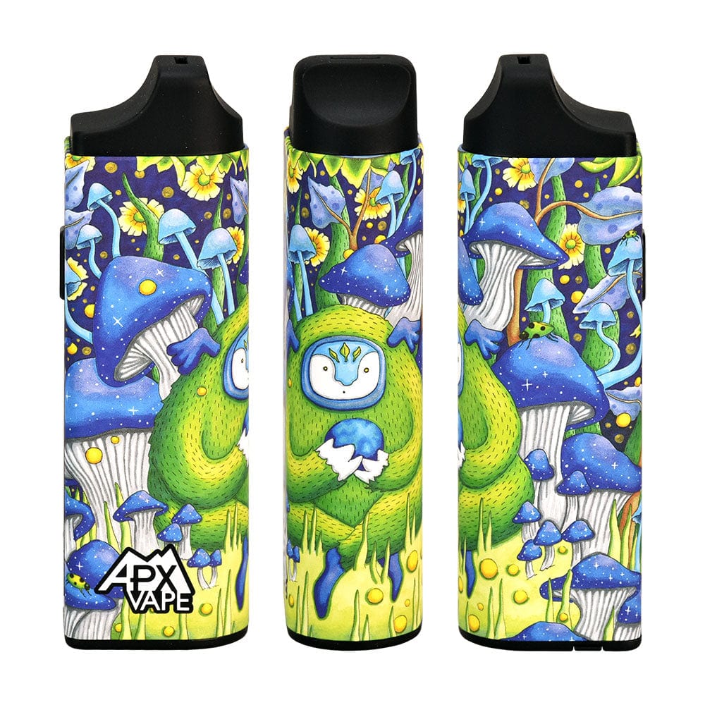 The APX Vape V3 Dry Herb Vaporizer is shown in a vibrant illustration with a cartoon monster against a colorful, psychedelic background.