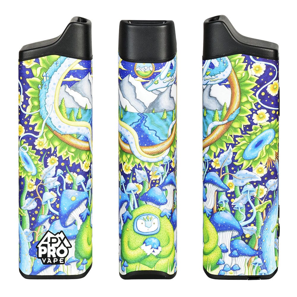 Front view of the APX Pro Dry Herb Vaporizer, adorned with a colorful, artistic floral design against a white background.