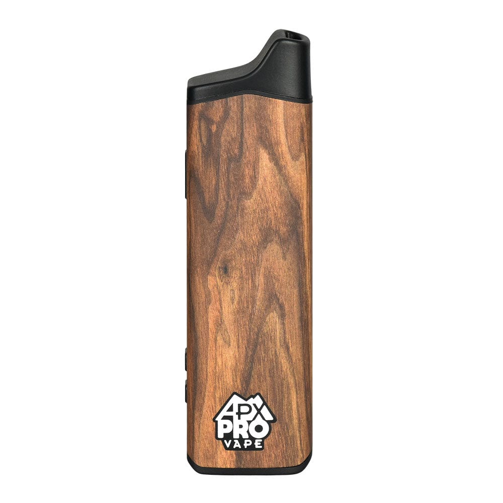 Front view of the APX Pro Dry Herb Vaporizer, showcasing its sleek, wood-grain finish and simple, rectangular design.