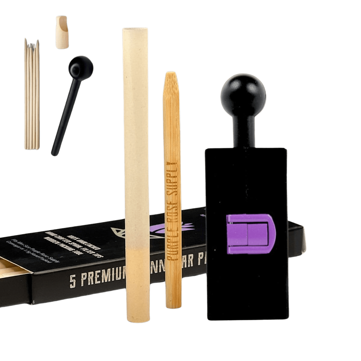 A slightly angled view of the Quick Start Cannagar Bundle, featuring cannagars alongside branded packaging on a dark surface.