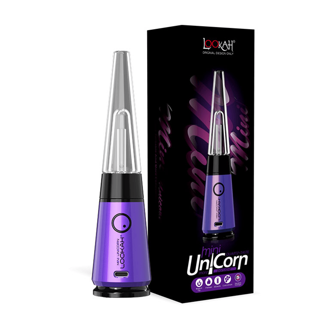 Front view of a purple Lookah Mini Unicorn Vaporizer with a clear glass mouthpiece standing beside its black, purple-accented packaging.