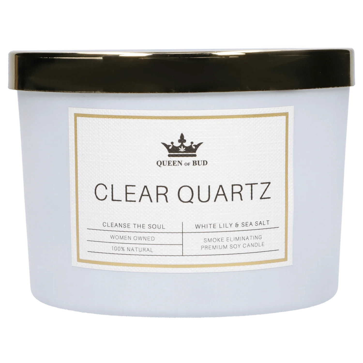Close-up front view of the Queen of Bud Candle showing its white label reading "CLEAR QUARTZ" and a black lid.