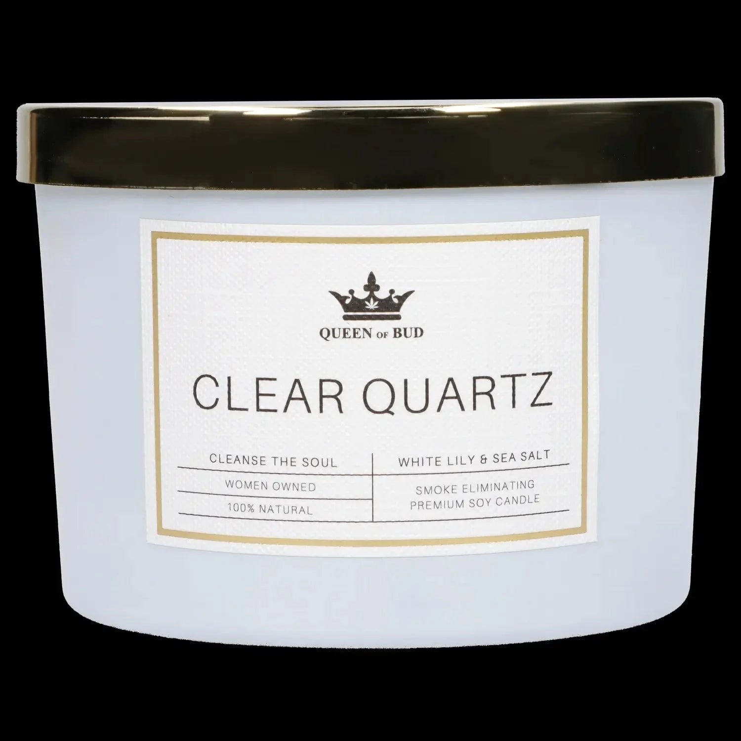 Close-up front view of the Queen of Bud Candle showing its black lid and white "CLEAR QUARTZ" label centered on a pale container.