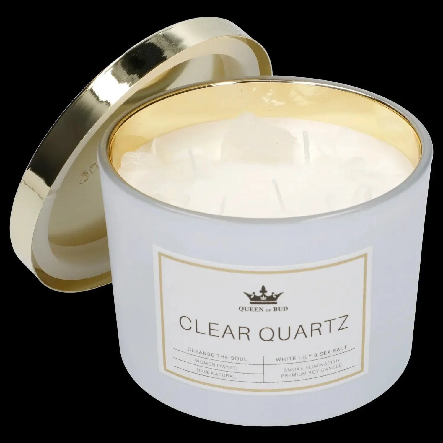 Angled close-up of the Queen of Bud Candle with its gold-rimmed lid tilted to show the white multi-wick wax inside.