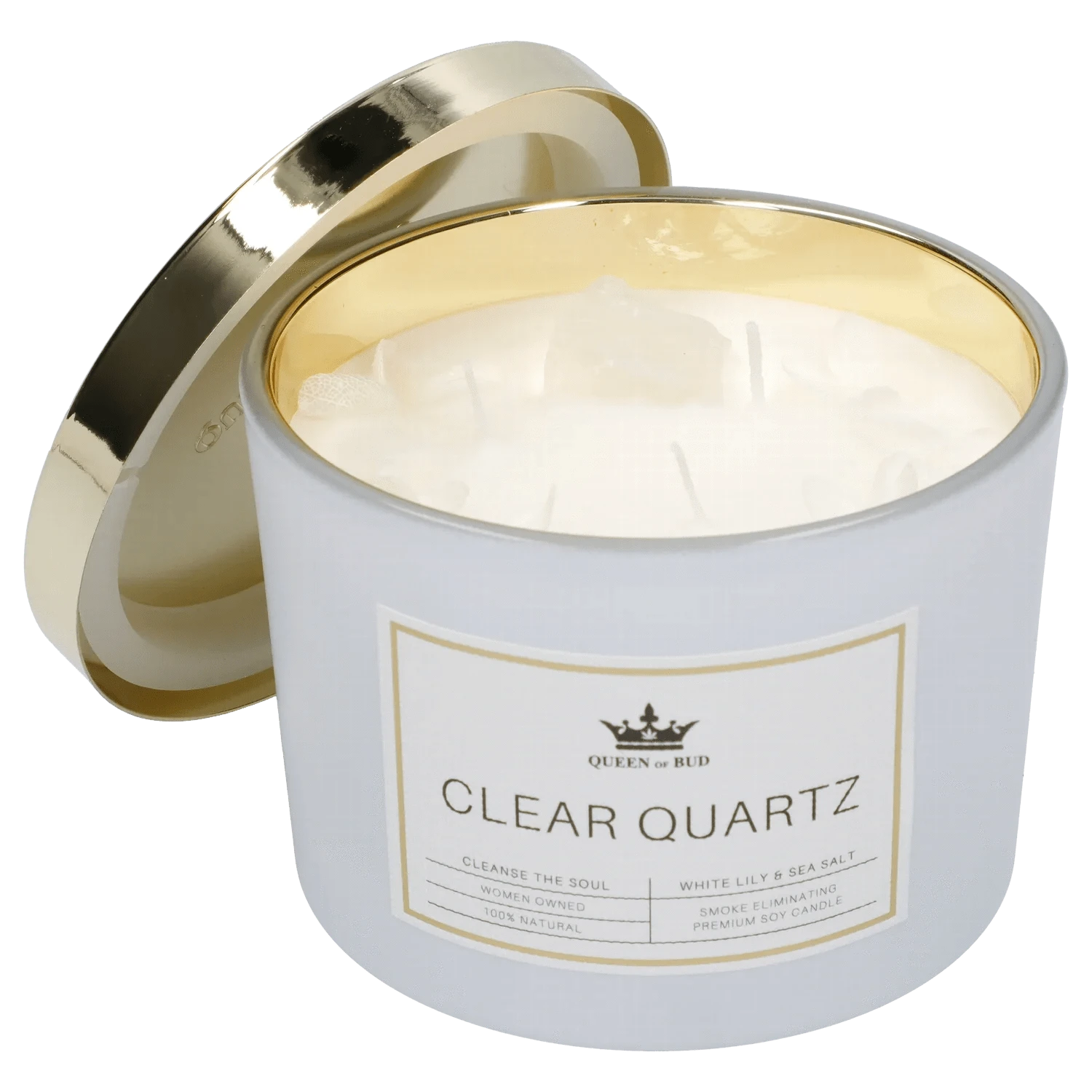 Angled close-up of the Queen of Bud Candle showing its open gold-lined lid and white wax with five wicks.