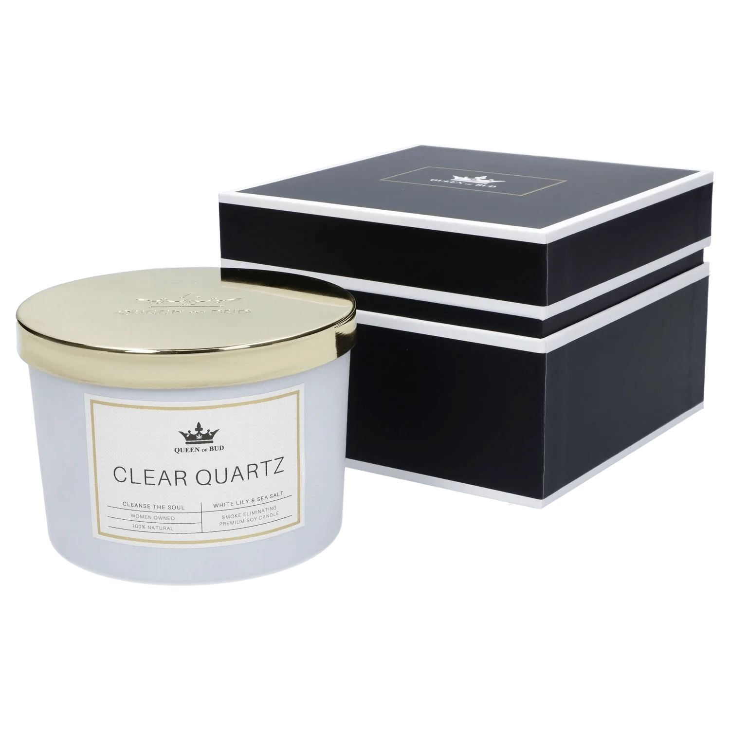 Angled close-up of a gold-lidded Queen of Bud Candle jar labeled "Clear Quartz" beside its black and white gift box.