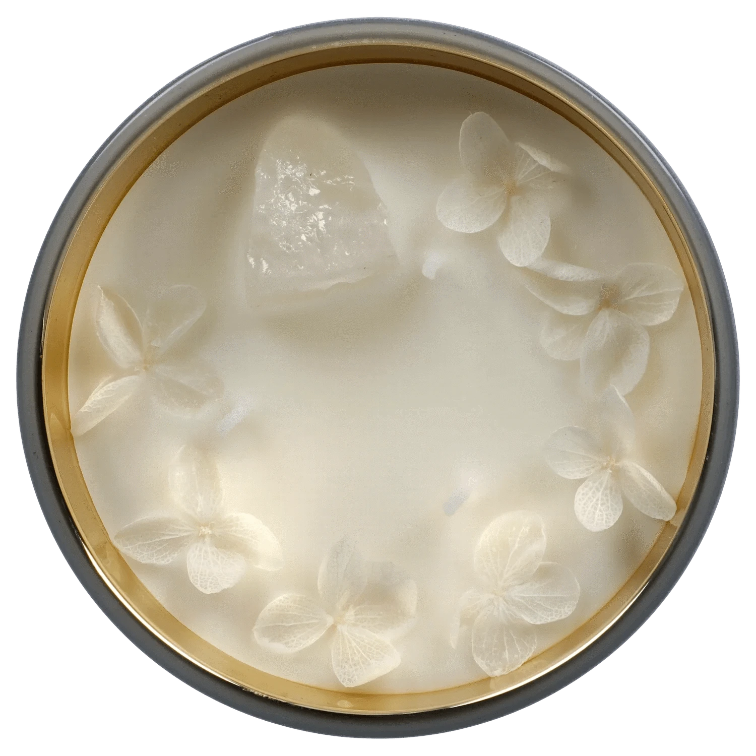 Top-down view of the Queen of Bud Candle showing a smooth ivory wax surface ringed by delicate translucent flower petals.