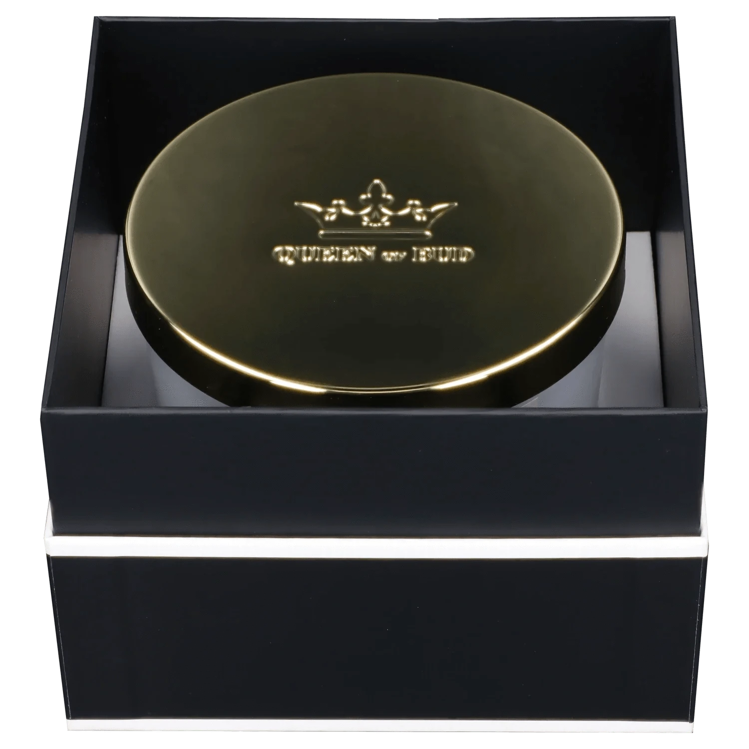 Top-down view of a glossy gold lid stamped with a crown and the words "Queen of Bud Candle" resting inside a black presentation box.