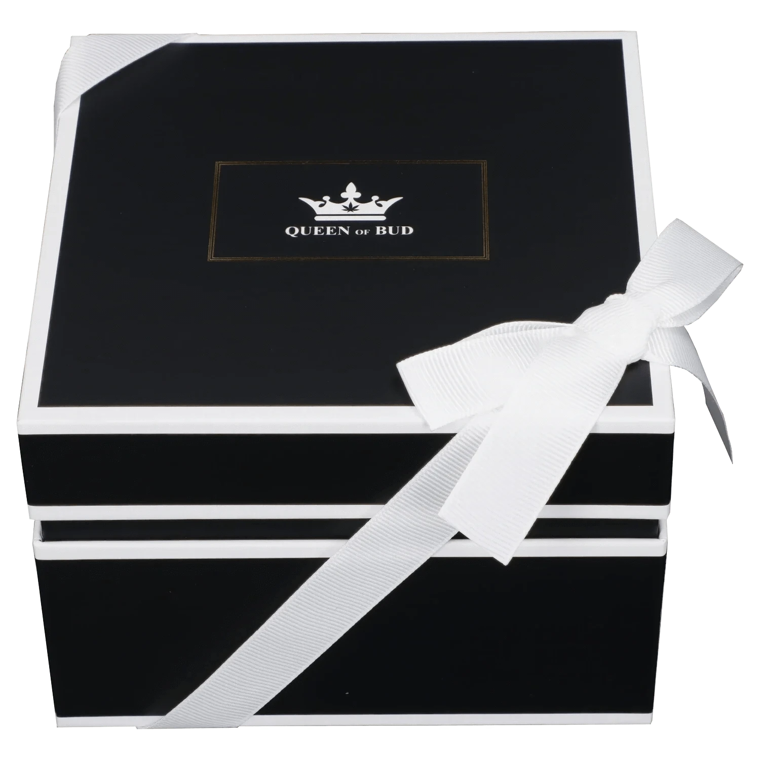 Top-down view of a black gift box tied with a white ribbon, centered with the Queen of Bud Candle logo and crown on the lid.