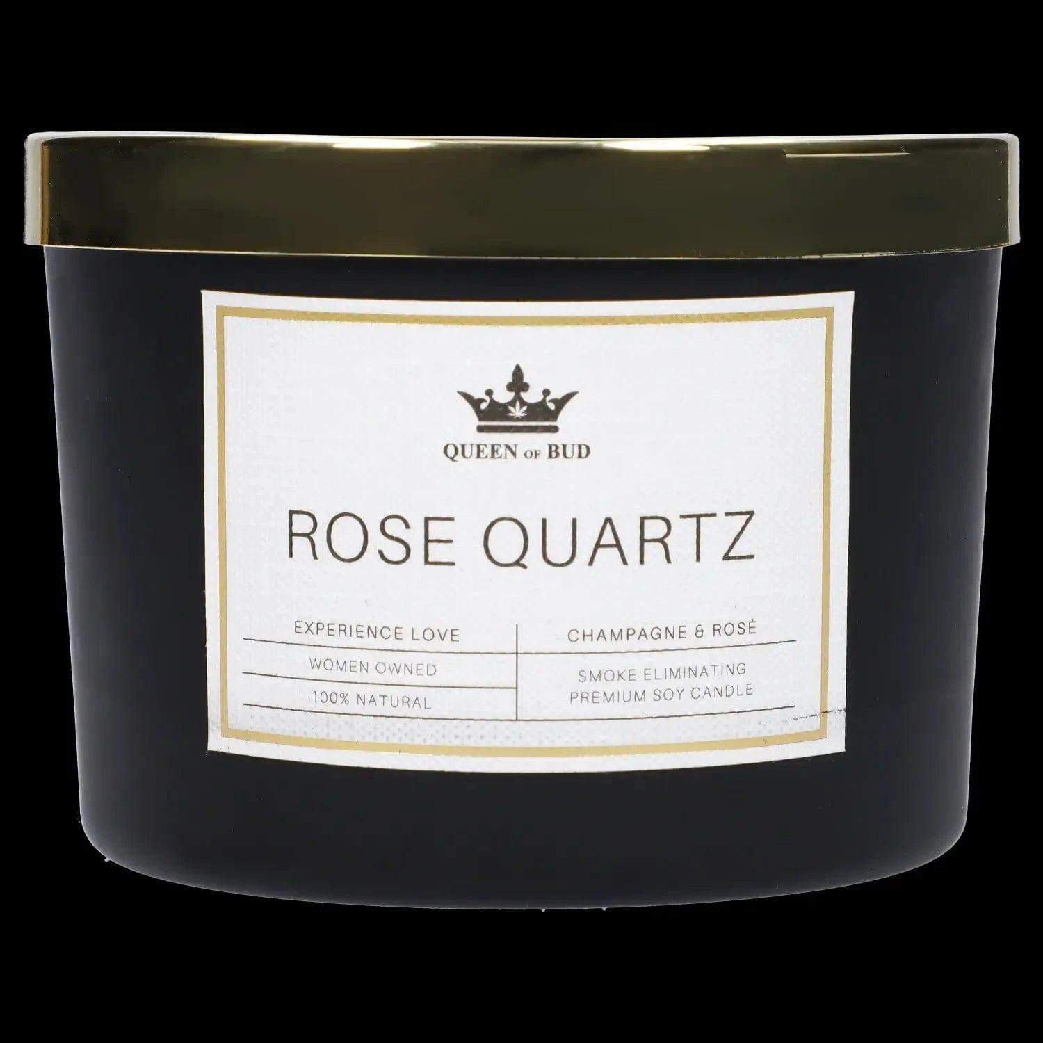 Close-up front view of the Queen of Bud Candle showing its black matte jar, gold lid, and white "ROSE QUARTZ" label.