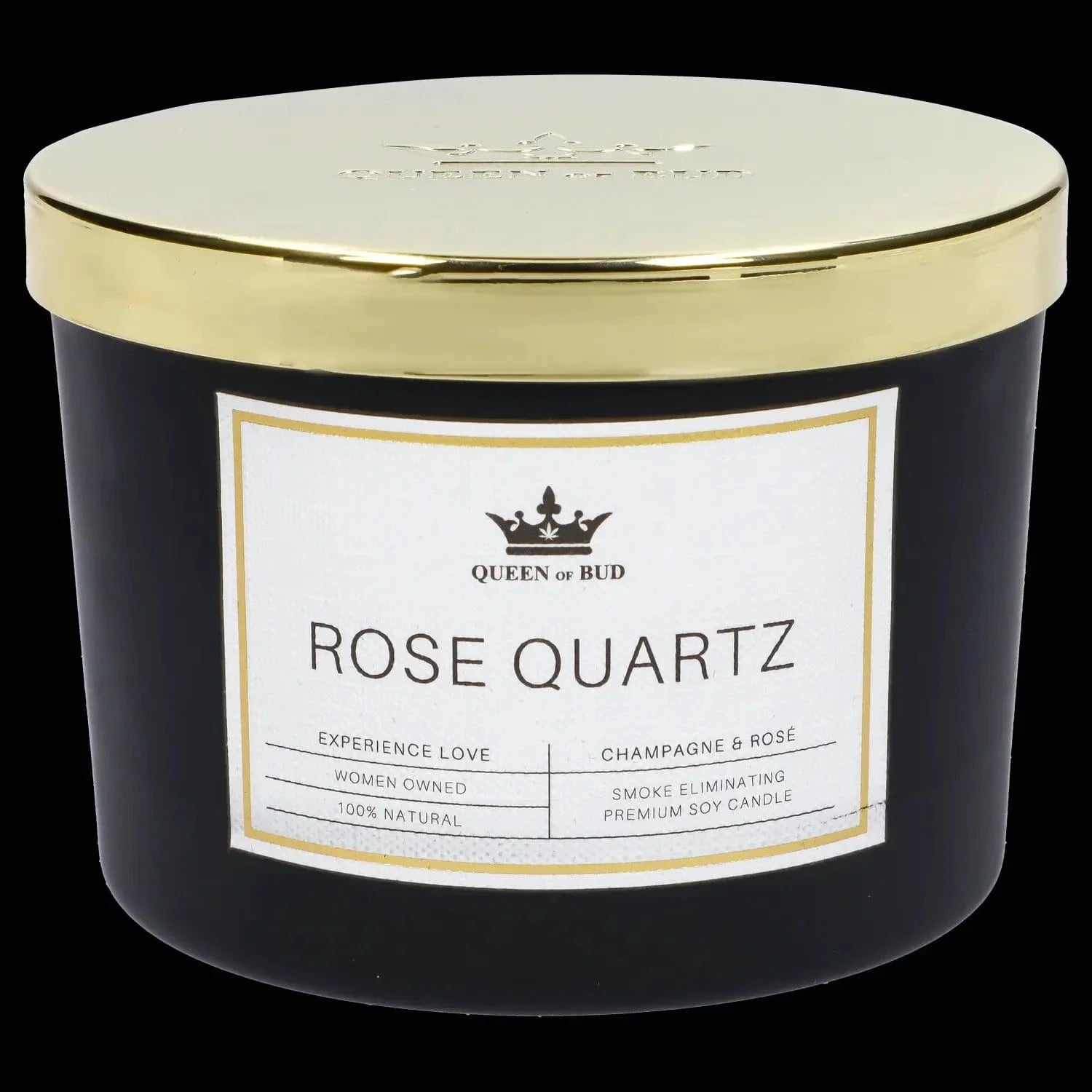 Close-up front view of a black jar with a gold lid and label reading "ROSE QUARTZ," showing the Queen of Bud Candle logo and crown.