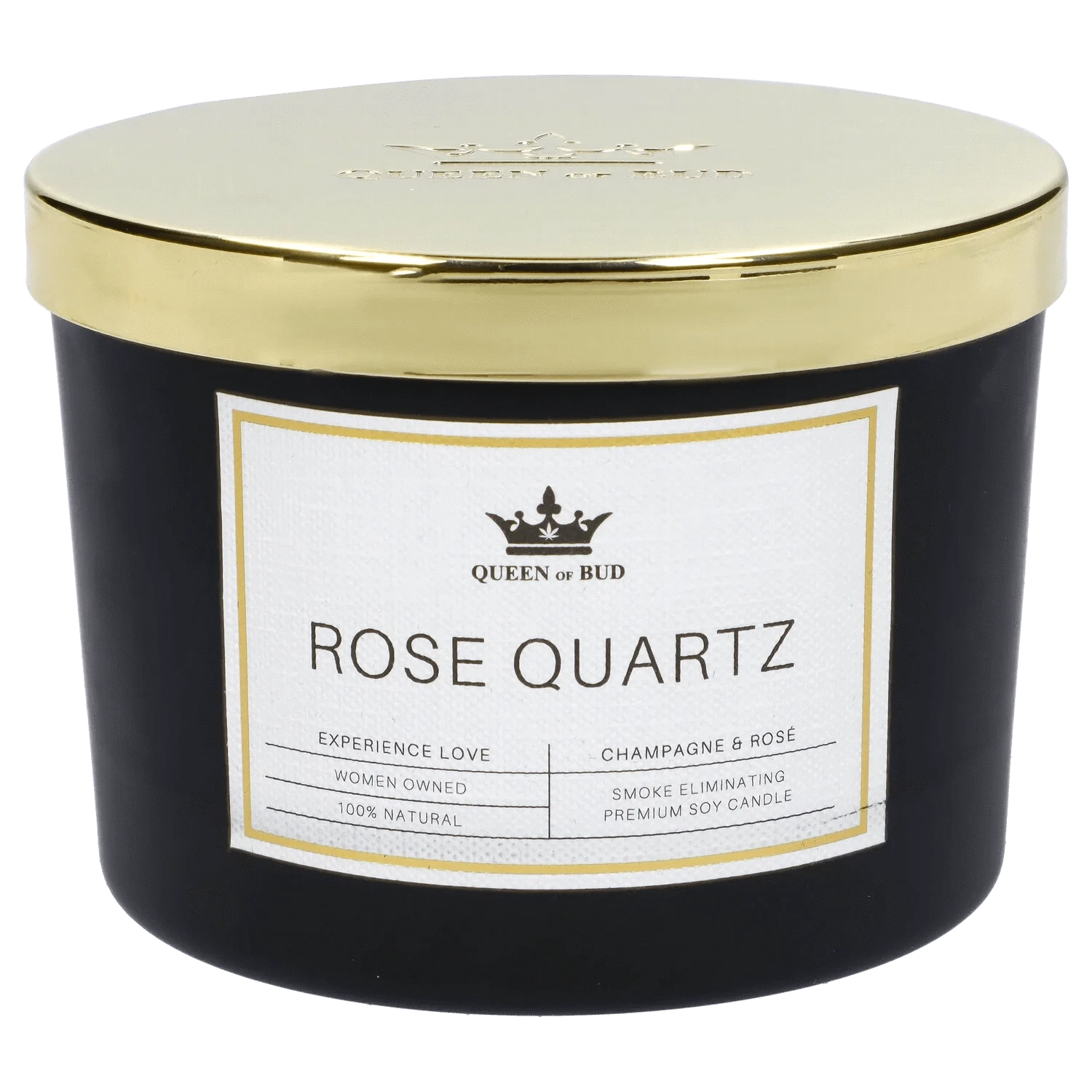 Close-up front view of the Queen of Bud Candle showing a black jar with a gold lid and a white "Rose Quartz" label.