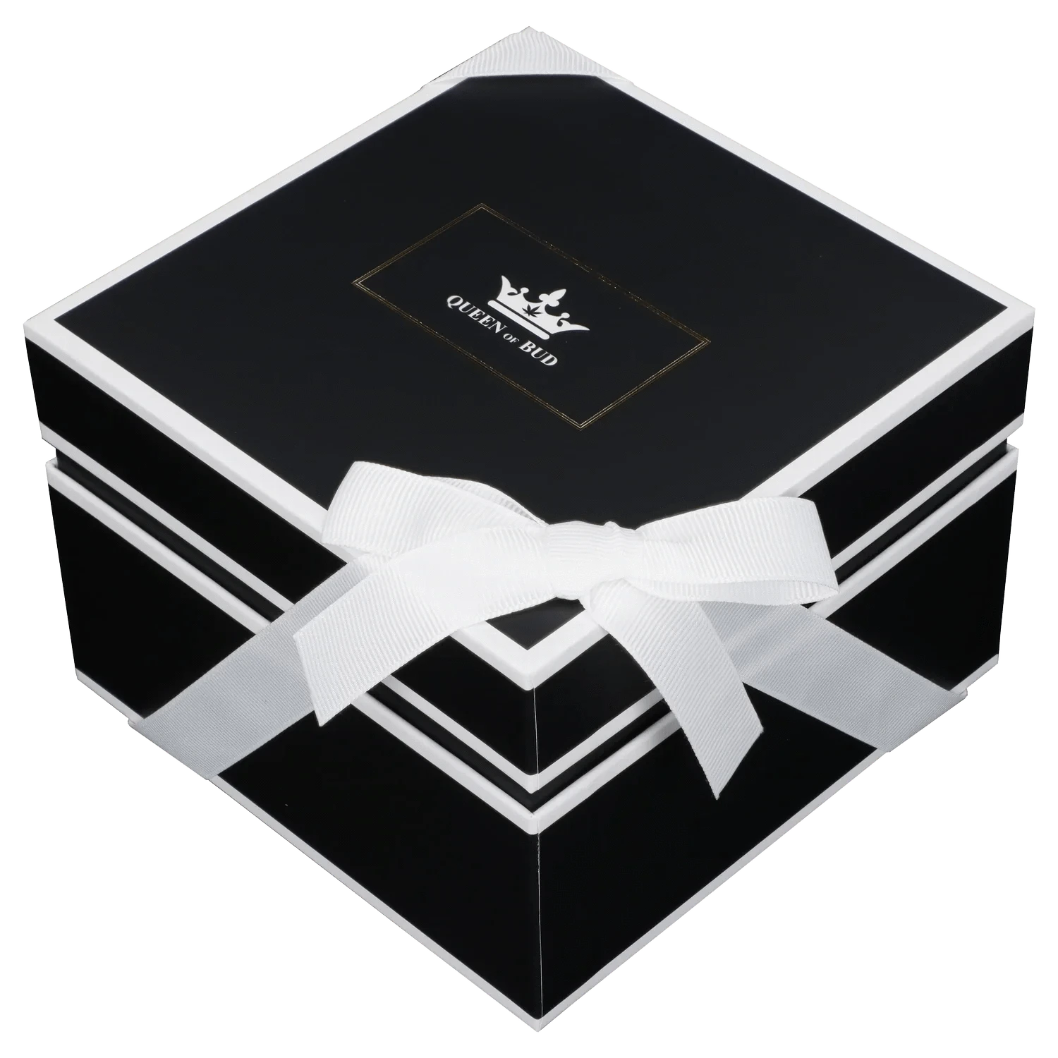 Angled top view of a black gift box tied with a white ribbon, showing the Queen of Bud Candle logo on the lid.